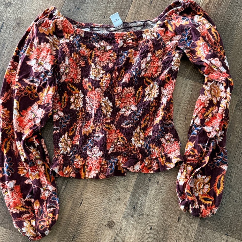Old Navy Burgundy Floral Smocked Off-Shoulder Top
